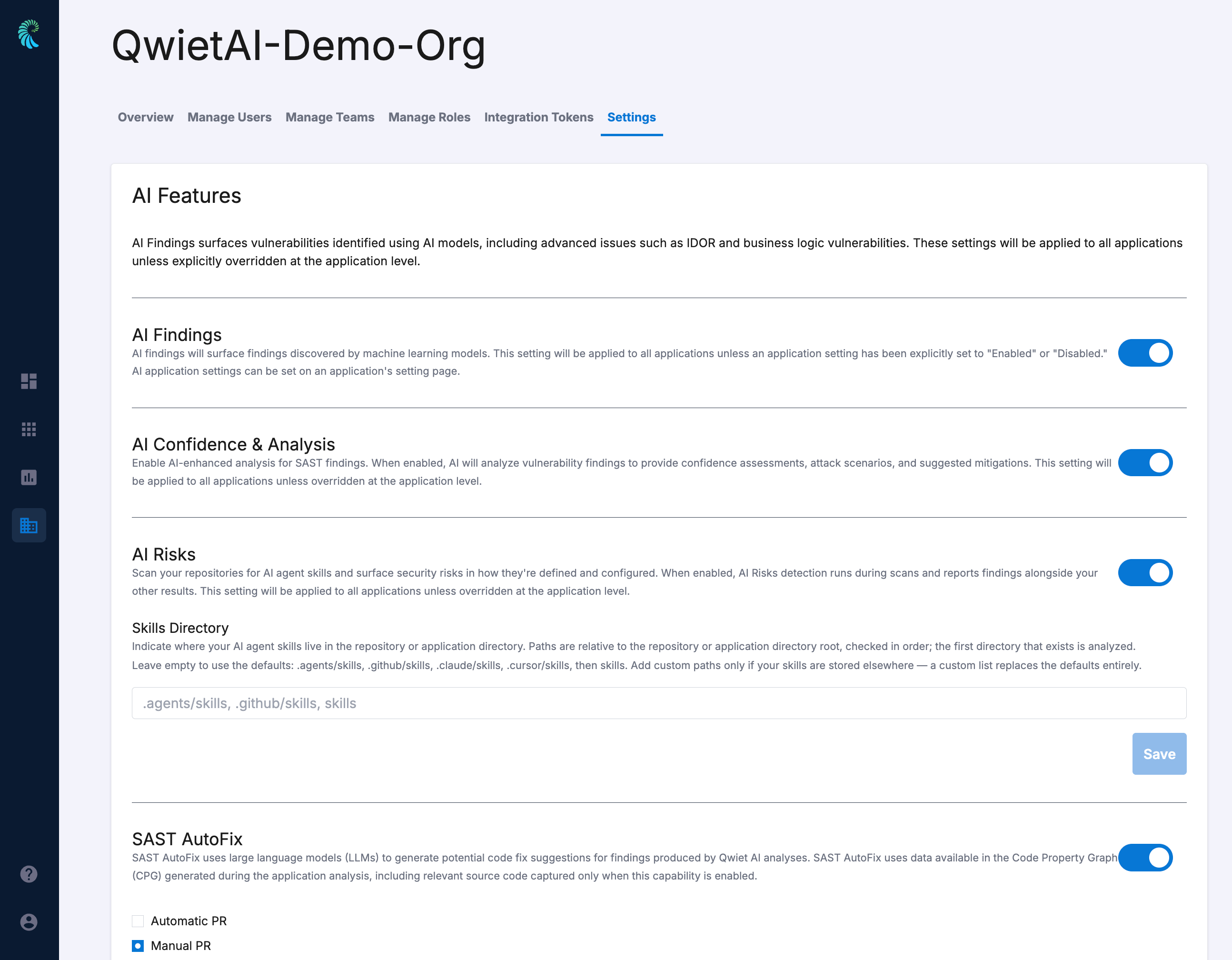 Org settings page